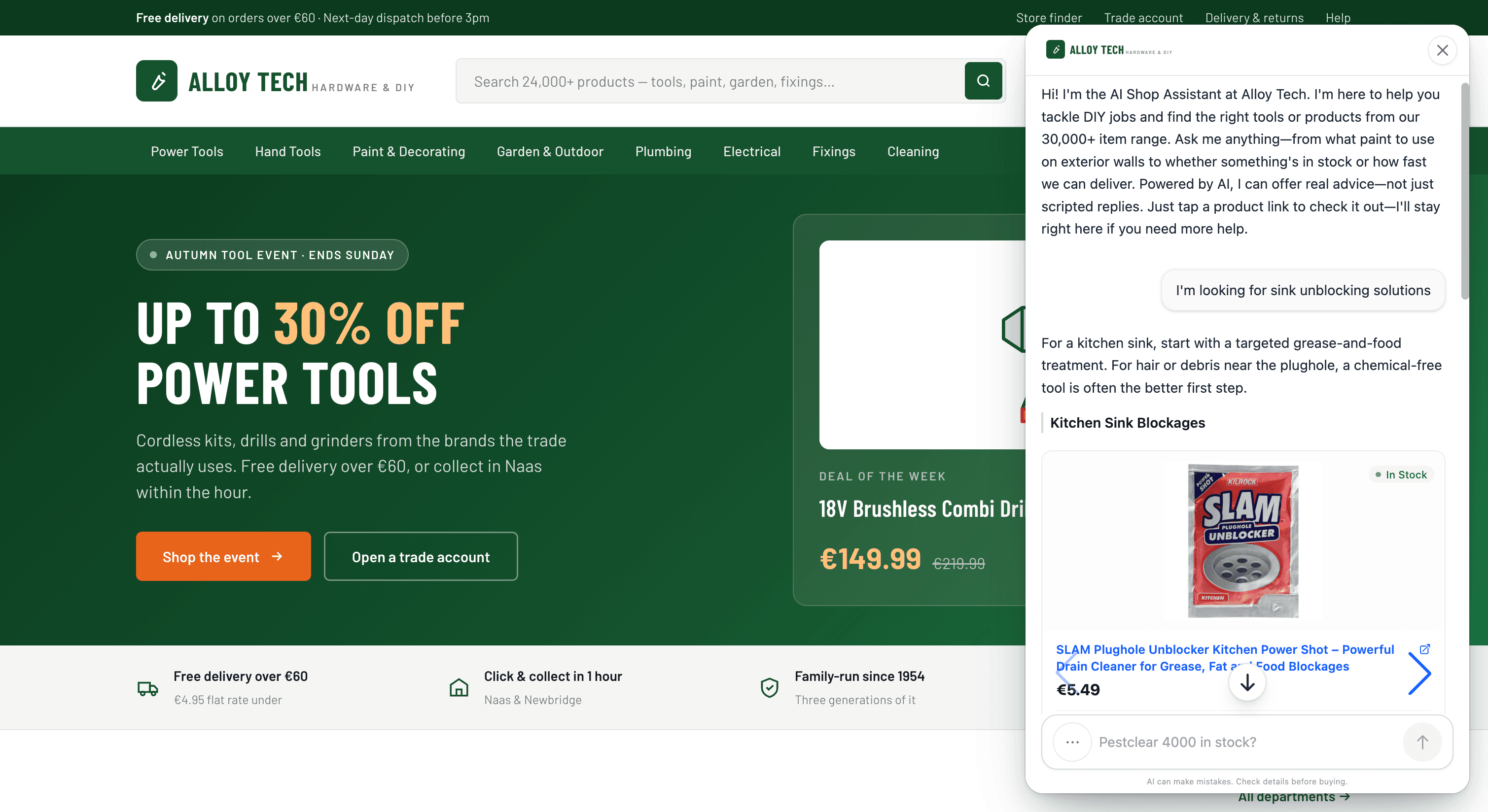 A hardware shop's website with the AI Shop Assistant open in the corner, answering a customer's question with products from the catalogue.